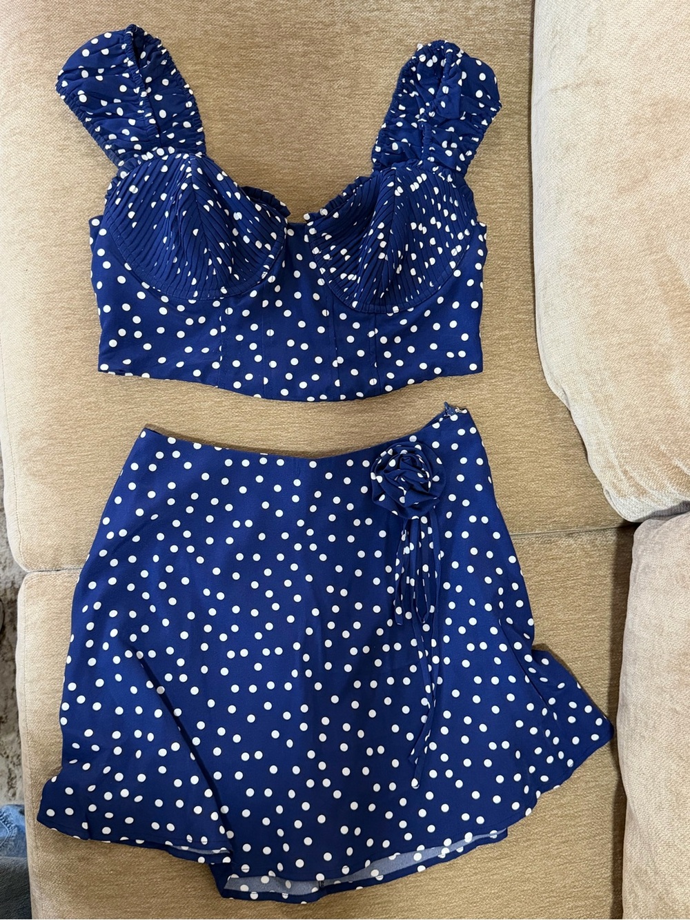 Lulu's Navy Blue Polka Dot Rosette Skort and cropped top set